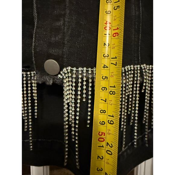 Savanna Jane rhinestone fringe crop front denim jacket black medium western NWT - Picture 11 of 12